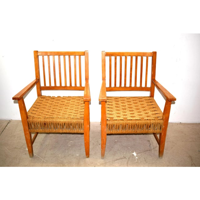 Set of Italian Wood & Cord Lounge Chairs, 1940s For Sale - Image 4 of 15
