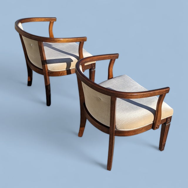 Pair of Vintage Curved Wood and Upholstered Barrel Armchairs For Sale - Image 13 of 14