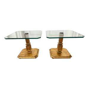 Pair of Giltwood & Glass Pedestal Side Tables — Mid 20th Century Italian Hollywood Regency Style