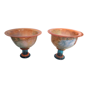 Pair of Large Post Modern Kjell Engman for Kosta Boda Glass Compotes Rimmed Bowls on Footed Pedestal