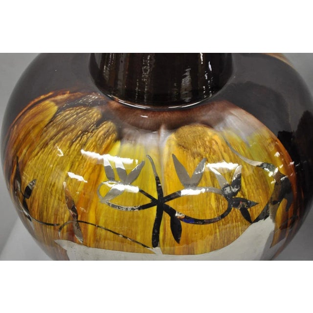 Ceramic Mid Century Modern Sunset Cosco Ram Brown Drip Glaze Pottery Table Lamps Pair B For Sale - Image 7 of 12