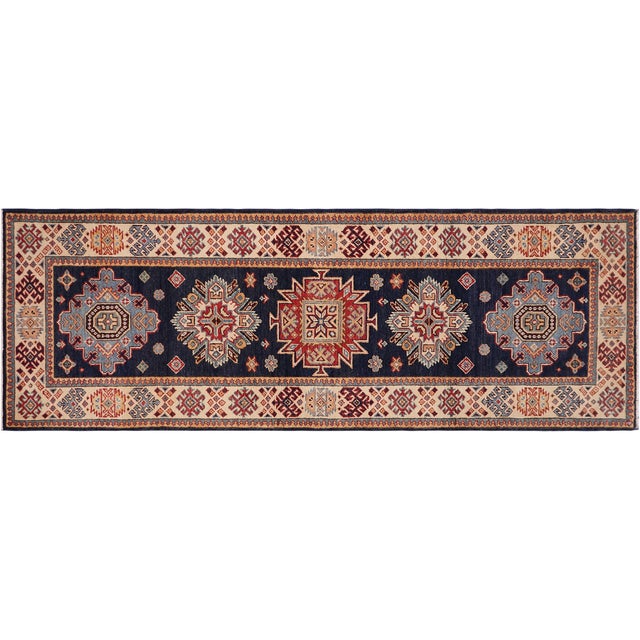 Blue Bohemian Kazak Karina Blue/Beige Wool Runner Rug- 2'8''x7'9'' For Sale - Image 8 of 10