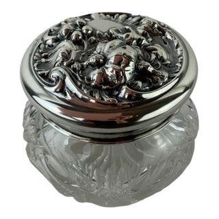 Crystal Dressing Jar With Sterling Repoussé Lid For Sale