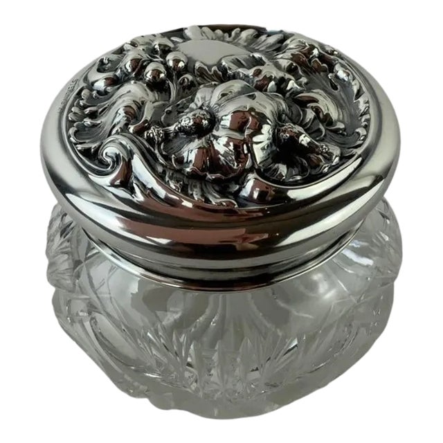 Crystal Dressing Jar With Sterling Repoussé Lid For Sale