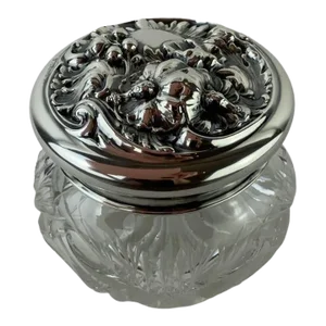 Crystal Dressing Jar With Sterling Repoussé Lid