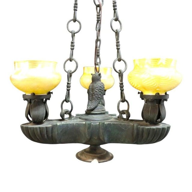 Aesthetic Movement Figural Bronze \Chandelier With Owl & Quezal Shades C1900 For Sale - Image 11 of 13