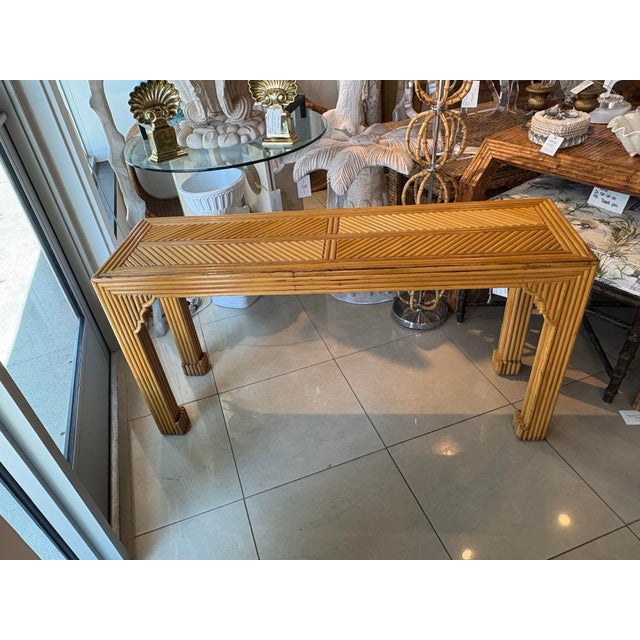Vintage Pencil Reed Rattan Moroccan Coastal Flare Console Table For Sale - Image 4 of 12