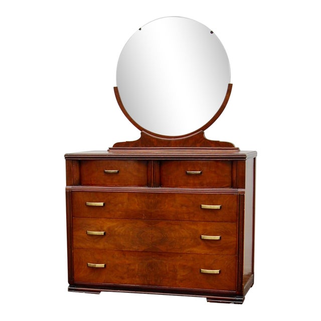 1940s Art Deco Dresser With Round Mirror | Chairish