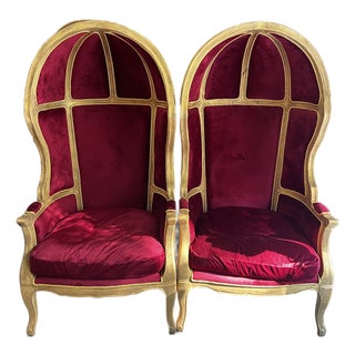 1970s Pair of Gold Trim Red Baroque Porters Chairs For Sale