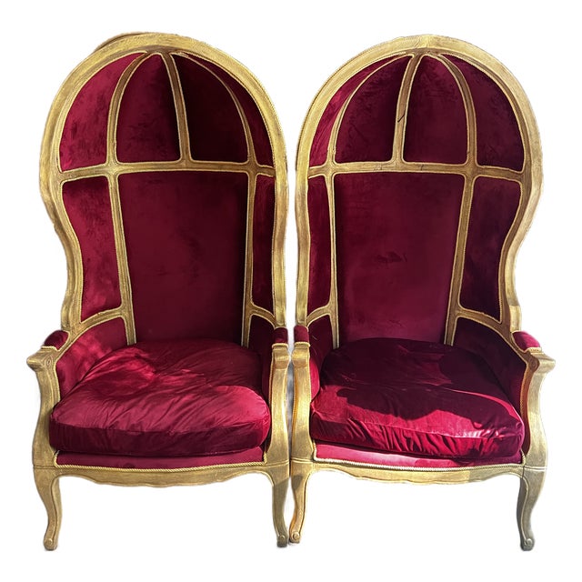 1970s Pair of Gold Trim Red Baroque Porters Chairs For Sale