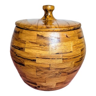 Mid-Century Hand Turned Wood Jar Segmented Artisan Signed For Sale