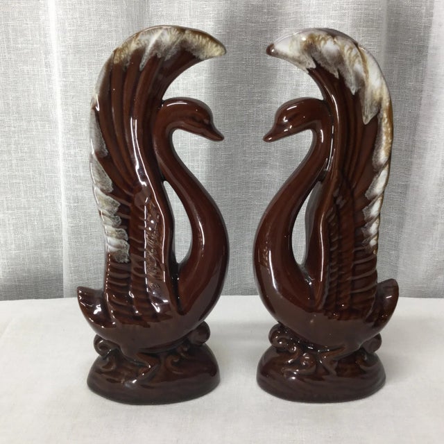 Mid-Century Art Deco Boho Chic Swans in Brown Glaze Ceramic With White Tips - A Pair For Sale - Image 4 of 9