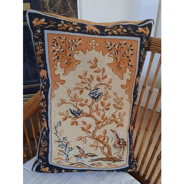Chinoiserie Chinoiserie Gold Bird Needlepoint Silk Pillow Woodlands English For Sale - Image 3 of 10