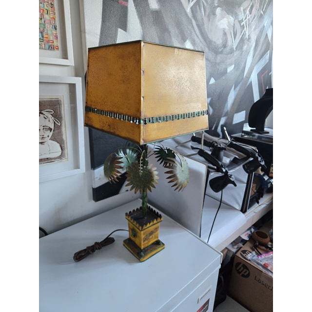 1960's Italian Yellow Tole Palm Tree Lamp For Sale - Image 4 of 14