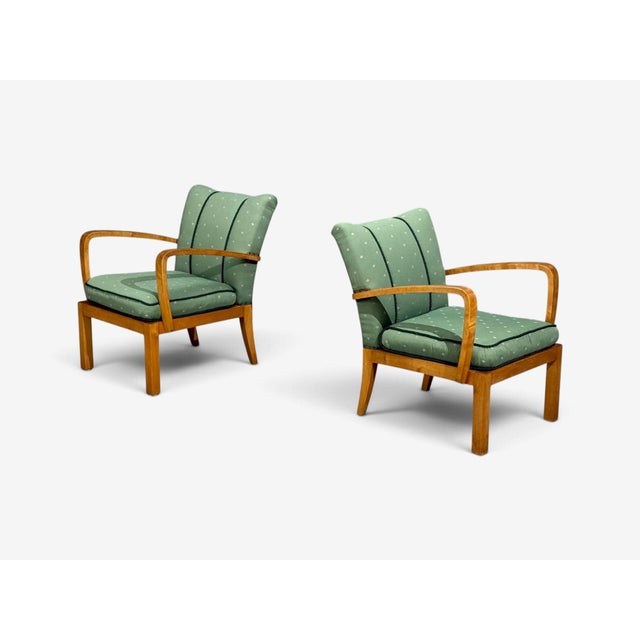Swedish Modern, Lounge Chairs, Hardwood, Fabric, Sweden, 1940s For Sale - Image 4 of 11