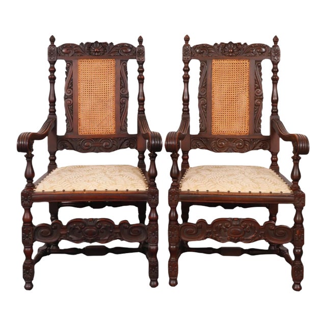 Jacobean Cane Back Armchairs - a Pair For Sale
