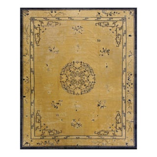 1880s Classic Beige Greek Key Floral Antique Chinese Peking Wool Rug 10' X 12'5" For Sale