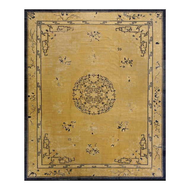 1880s Classic Beige Greek Key Floral Antique Chinese Peking Wool Rug 10' X 12'5" For Sale