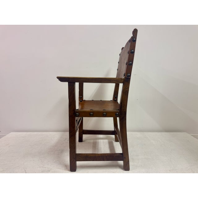 Wood Vintage Spanish Walnut and Leather Armchair, 1950s For Sale - Image 7 of 16