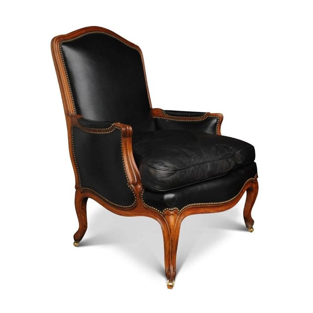 Louis XV French Black Leather Bergere Armchair with Brass Stud Detailing For Sale - Image 6 of 6
