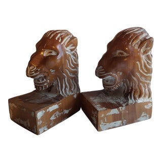 1960s Sarreid Spain Hand Carved Lion Head Bookends - A Pair For Sale