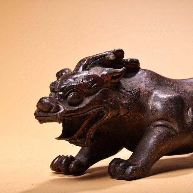 Metal Vintage Bronze Recumbent Beast Statue - Gilt Animal Figurine For Sale - Image 7 of 10