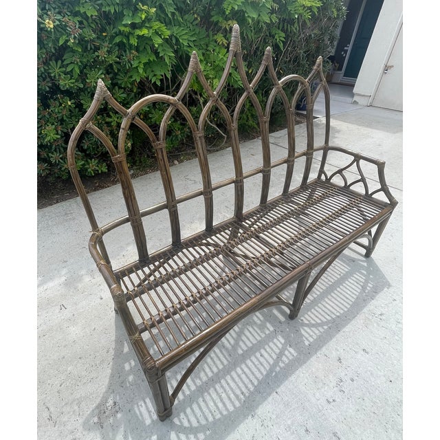 Gothic Authentic McGuire Vintage Rattan Bench, Cathedral Gothic Style For Sale - Image 3 of 9