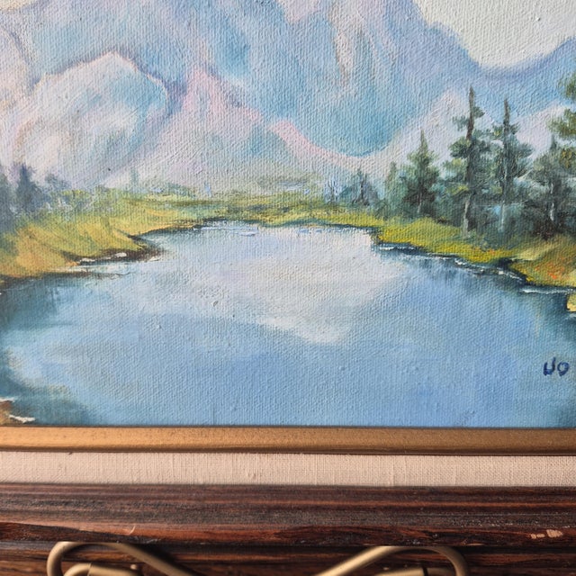 VTG 85' Mountain Lake Landscape Painting on Canvas Signed Original 12x16" Framed For Sale - Image 15 of 16