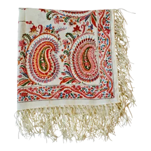 Circa 1850 Antique Ivory Paisley Hand-Block Printed Wool Challis Throw Blanket