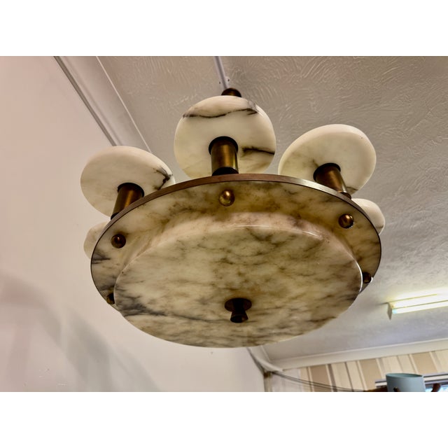 Art Deco Alabaster and Brass 8-Arm Chandelier, 1930s For Sale - Image 13 of 17