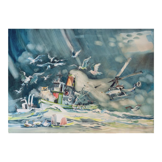 'Out at Sea', Children's Animal Adventure Fantasy Seascape, Cat and Seagulls For Sale