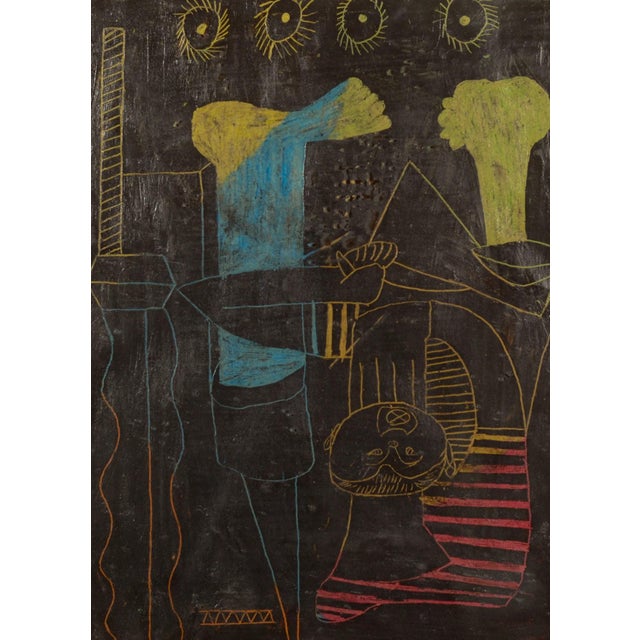 African Figures, Crayon on Paper Drawings, Framed, Set of 2, in Good conditions. Designed 1950 to 1959