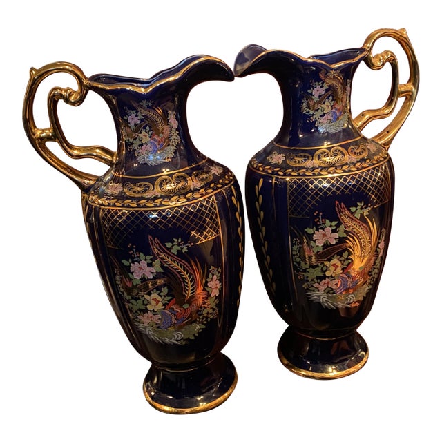 1950s Oriental Pitcher Vases with Pheasants - a Pair For Sale