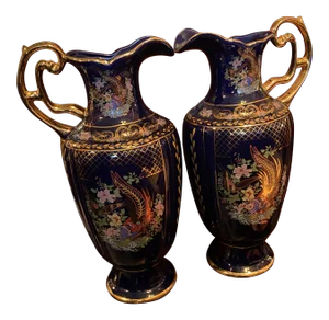 1950s Oriental Pitcher Vases with Pheasants - a Pair