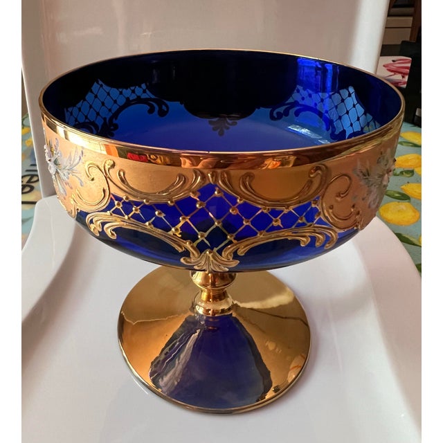 1980s Murano Attributed Venetian Glass Compote in Cobalt Blue and Gold For Sale - Image 9 of 12