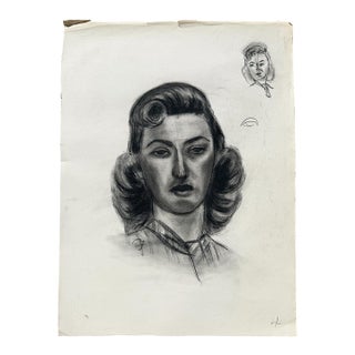 Vintage Black and White Charcoal Portrait Drawing of a Woman With Curled Hair For Sale