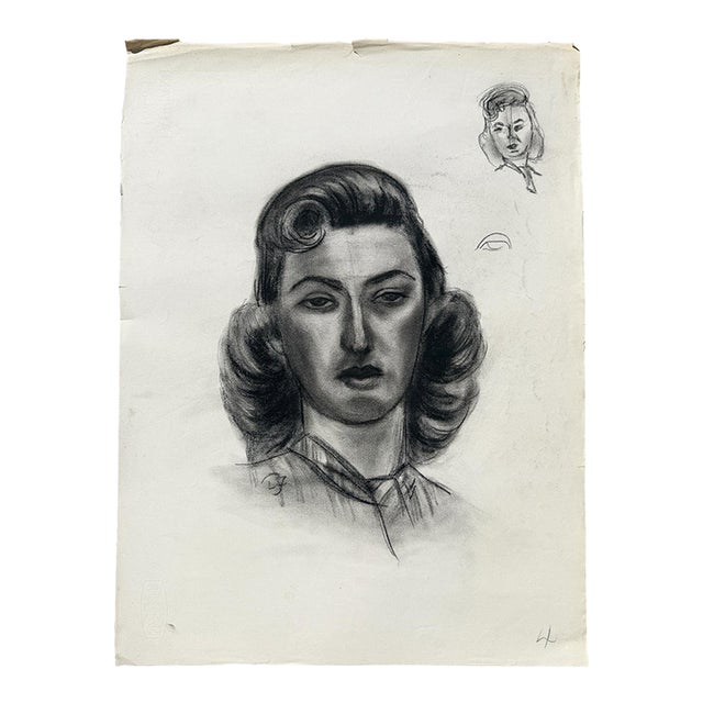 Vintage Black and White Charcoal Portrait Drawing of a Woman With Curled Hair For Sale