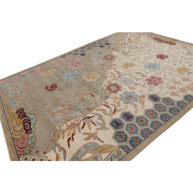 Rug & Kilim Rug & Kilim’s Chinese Art Deco Style Rug in Beige With Colorful Floral Patterns For Sale - Image 4 of 7