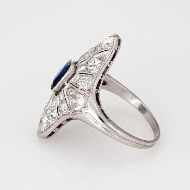 Antique Edwardian Sapphire Diamond Ring Vintage Platinum Long Plaque Jewellery size 5.5 For Sale - Image 4 of 6