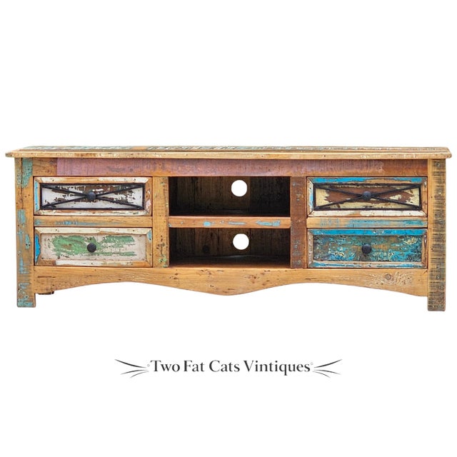 Rustic Rustic Reclaimed Wood Tv Stand & Media Console | Coastal Farmhouse Credenza For Sale - Image 3 of 12