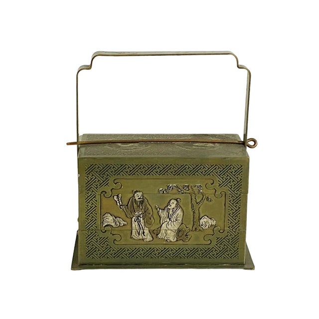 Superb vintage Three-tier, Chinoiserie-style, bronze box equipped with a stepped handle, and decorated with a high-relief...