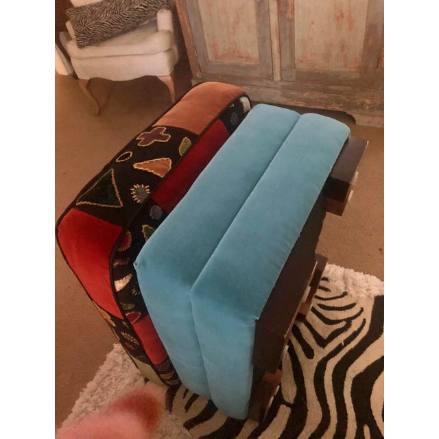 Turquoise Vintage Multi Colored Upholstered Ottoman For Sale - Image 8 of 11