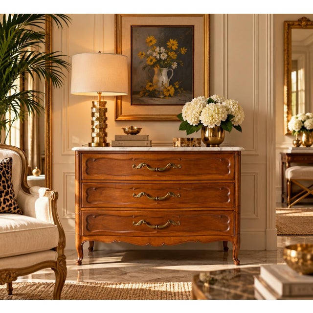 Elegant vintage 1960s French Provincial Louis XV-style commode or chest of drawers, beautifully crafted from walnut wood...