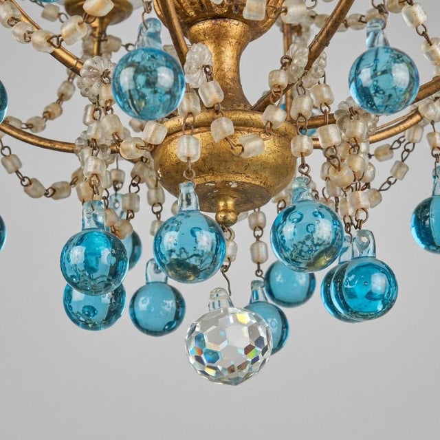 Cage Basket Chandelier with Azure Crystal Drops, 1960s For Sale - Image 4 of 9