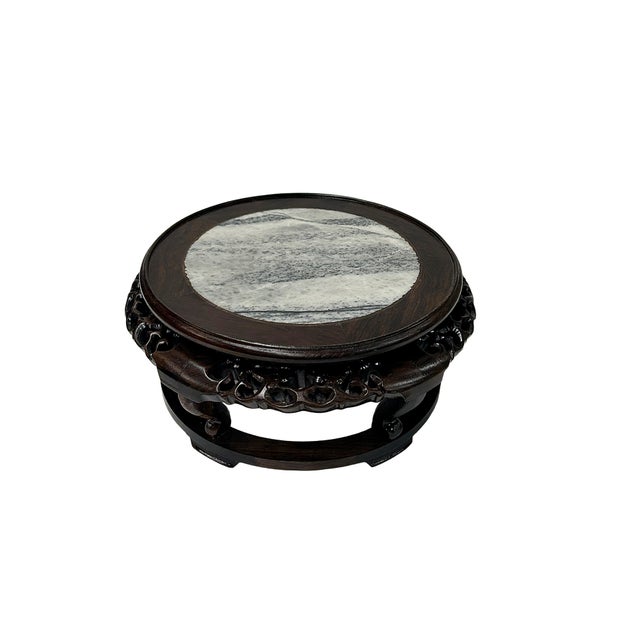 1980s 8.25" Oriental Brown Wood Marble Round Table Top Stand Riser For Sale - Image 5 of 8