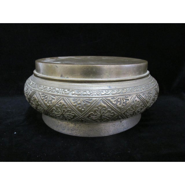 Antique Persian Large Heavily Etched Brass Bowl With Lid or Stand For Sale In Portland, OR - Image 6 of 11