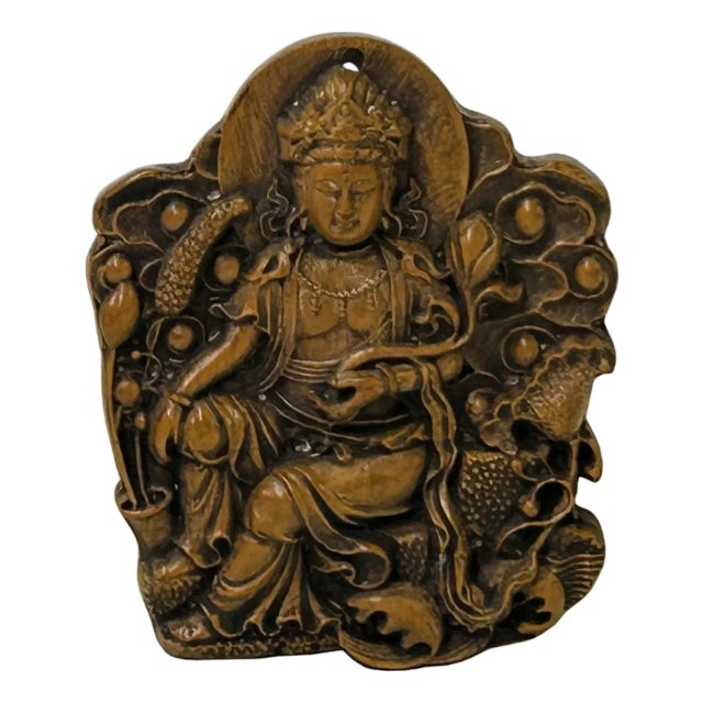 Vintage Small Wood Carved Light Brown Bodhisattva Pendant Plaque For Sale