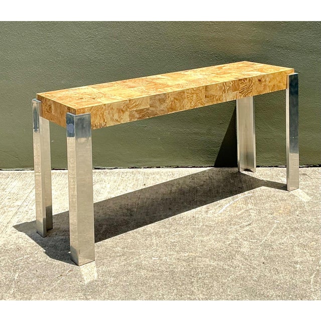 Vintage Laminate Burl Wood and Chrome Console Table For Sale In West Palm - Image 6 of 18