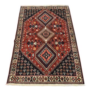 Yalameh Rug 3'6'' X 5'4'' Red Wool Vintage Tribal Hand-Knotted Oriental Carpet For Sale