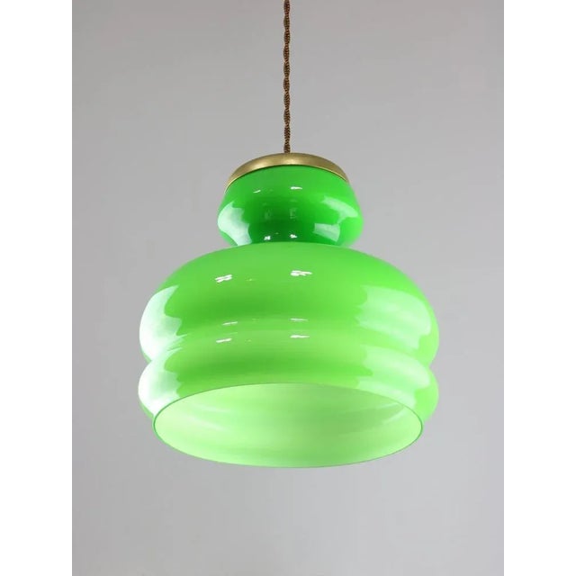 Mid-Century Modern Mid-Century Italian Green Brass and Glass Pendant Lamp For Sale - Image 3 of 11